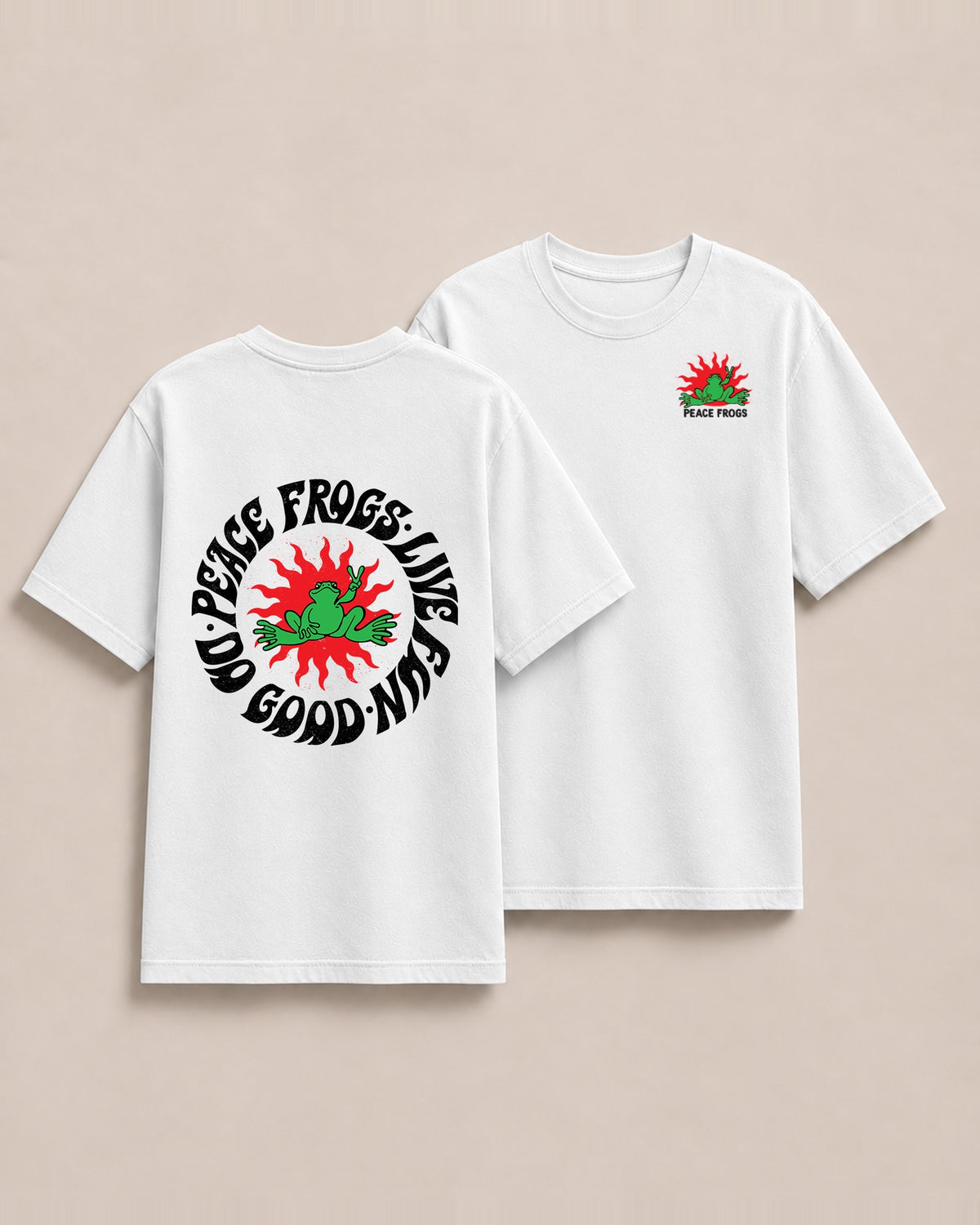 White Peace Frog Sun t-shirt laid flat with the round frog-and-sun graphic