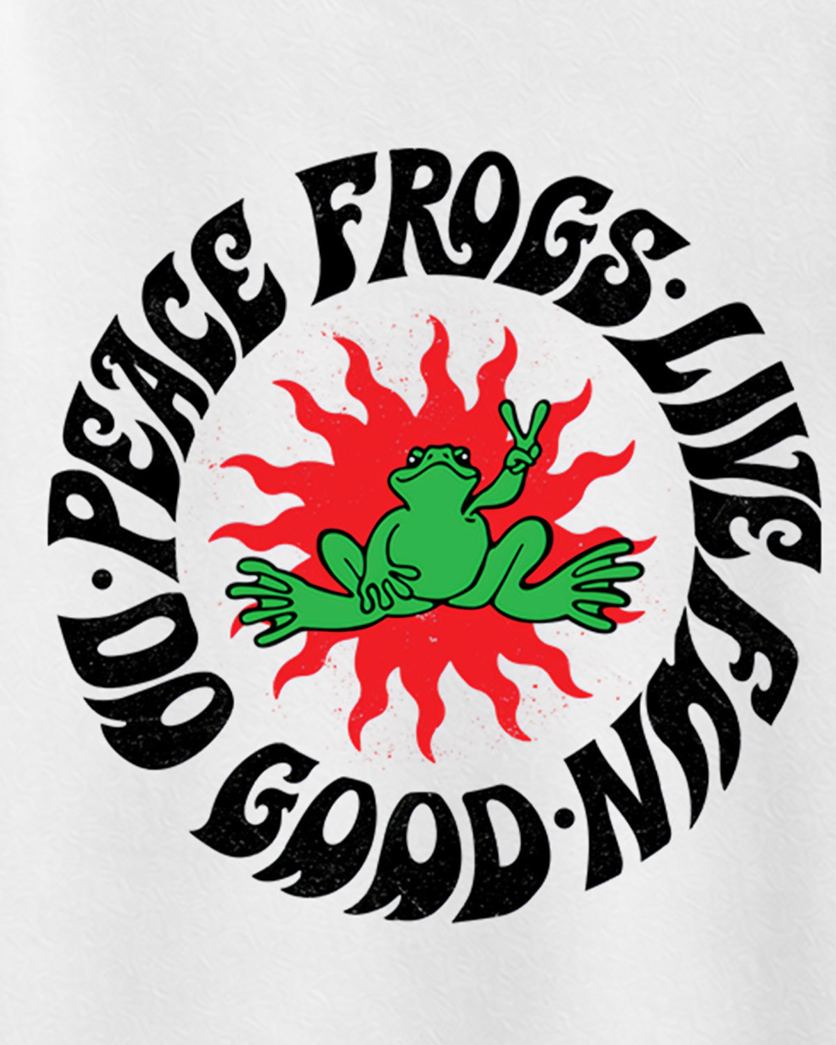 Close-up of the Peace Frog Sun graphic: a green frog flashing a peace sign in a red sunburst, ringed by black lettering