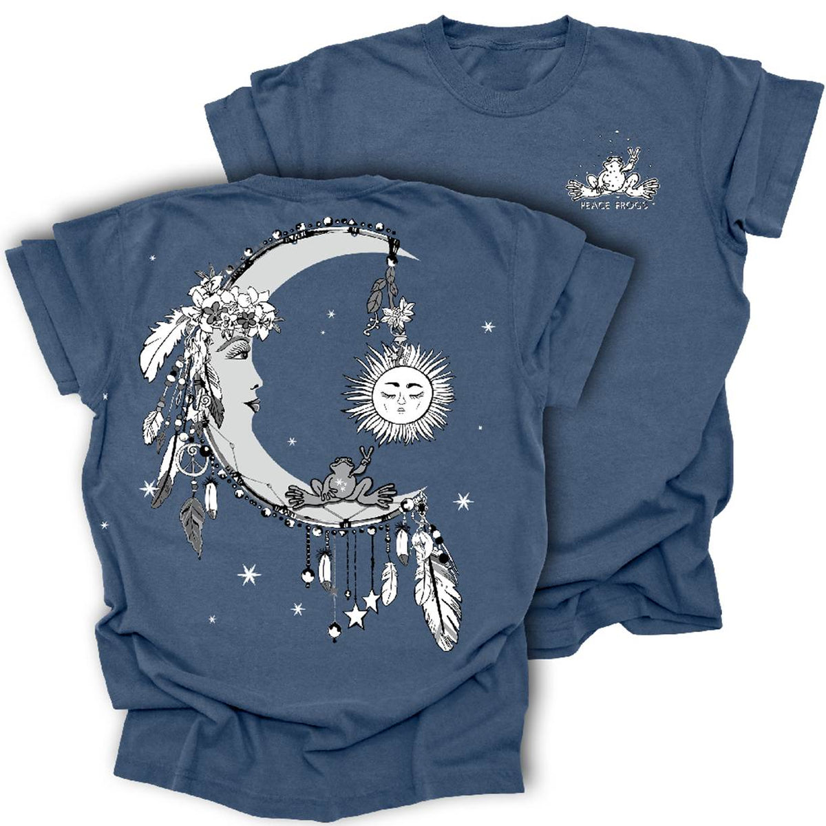 Peace Frogs Adult Sun, Moon, Stars Frog Garment Dye Short Sleeve T-Shirt
