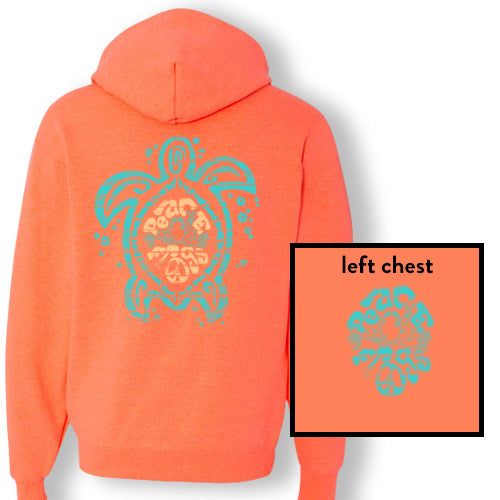 Orange Peace Frogs Sea Turtle hooded sweatshirt, back view with an inset showing the small left chest print