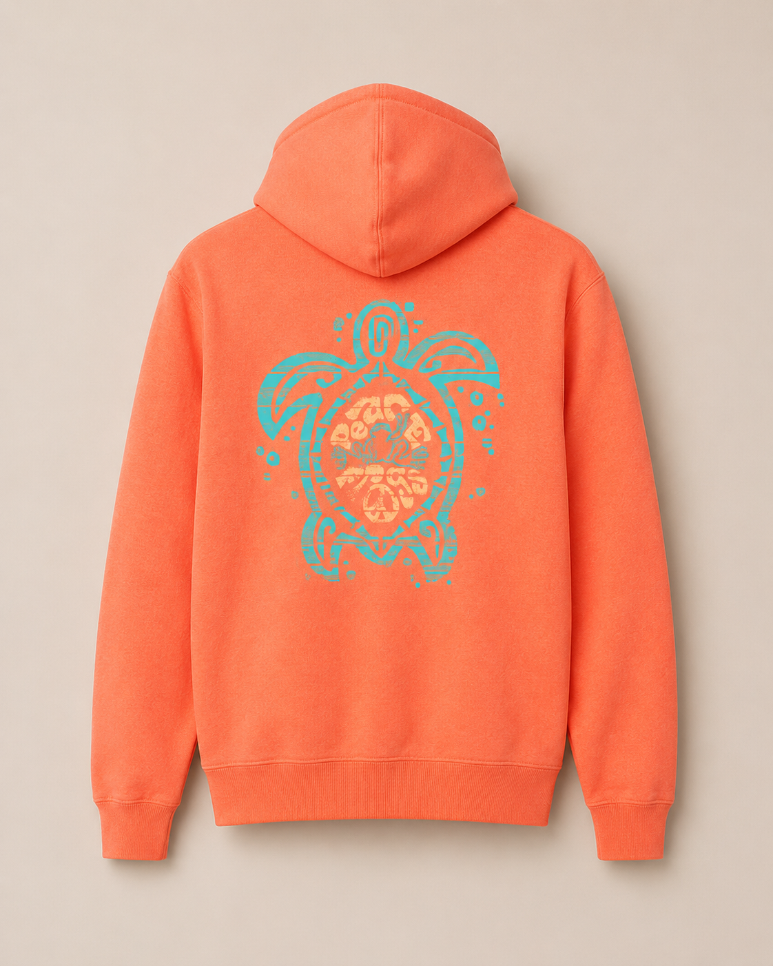 Orange Peace Frogs Sea Turtle pullover hooded sweatshirt, back view with a teal sea turtle design