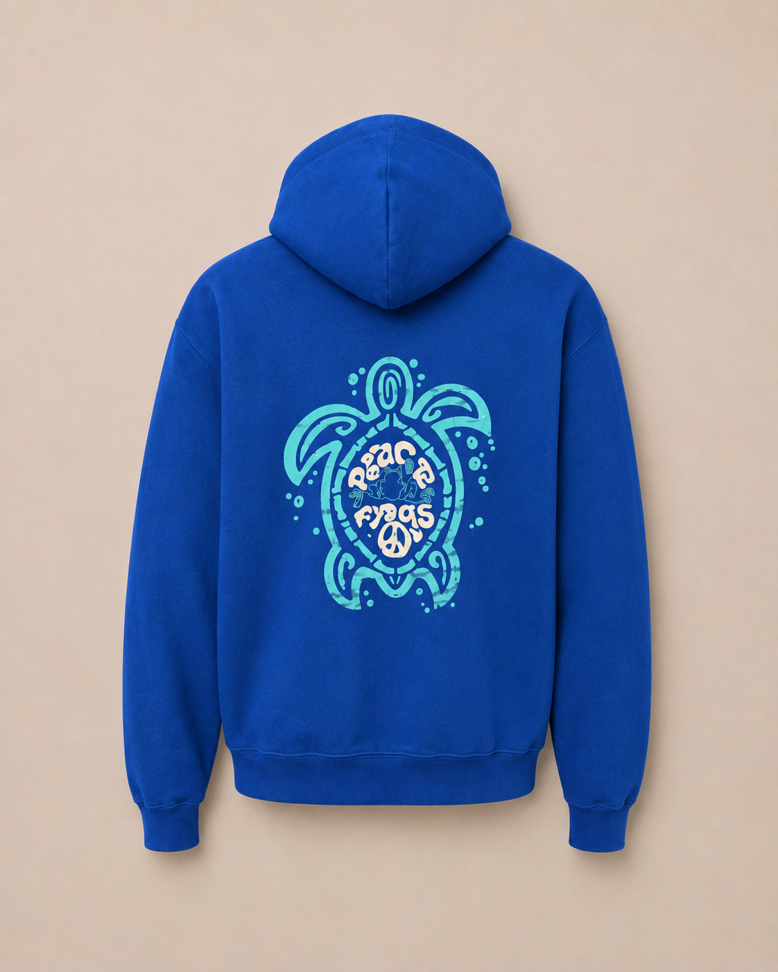 Royal blue Peace Frogs Sea Turtle pullover hooded sweatshirt, back view with a turquoise sea turtle design
