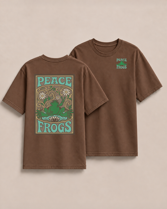 Dark chocolate Peace Frogs Poster Style t-shirt mockup with the Poster Frog design