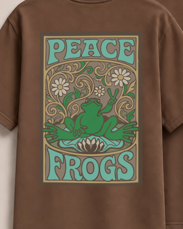 Dark chocolate Peace Frogs Poster Style t-shirt laid flat showing the Poster Frog design
